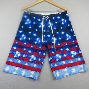 Burnside Board Shorts Mens 34 Red White Blue Stars Stripes 4th of July Swim Surf